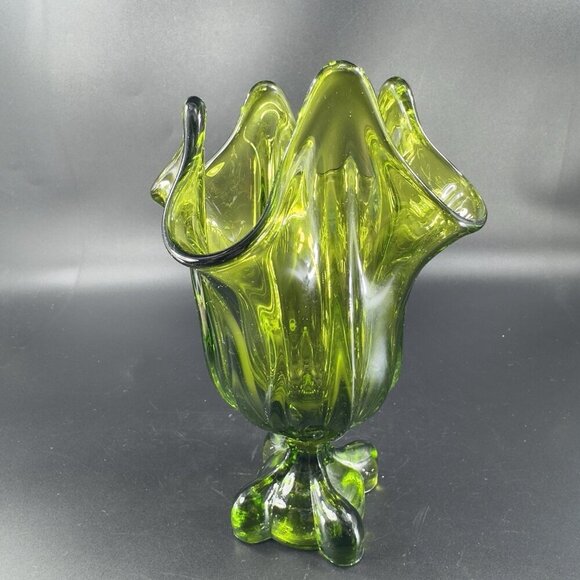 Viking Glass Avocado Green Epic Four Square Base Swung Glass Vase Bowl Dish VTG - Picture 11 of 13